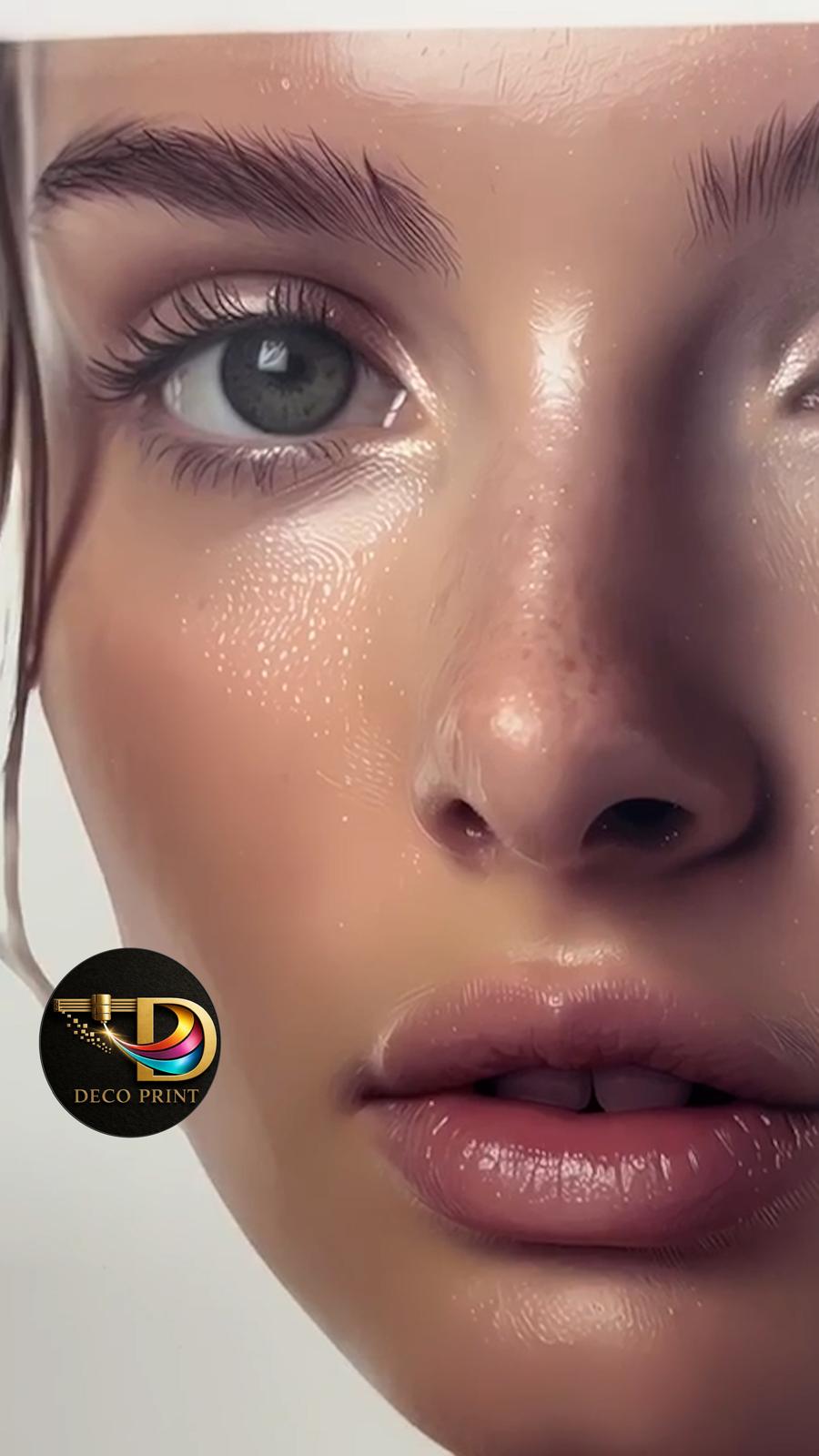 Hyperrealistic portrait photograph printed directly on drywall — commercial interior, Los Angeles